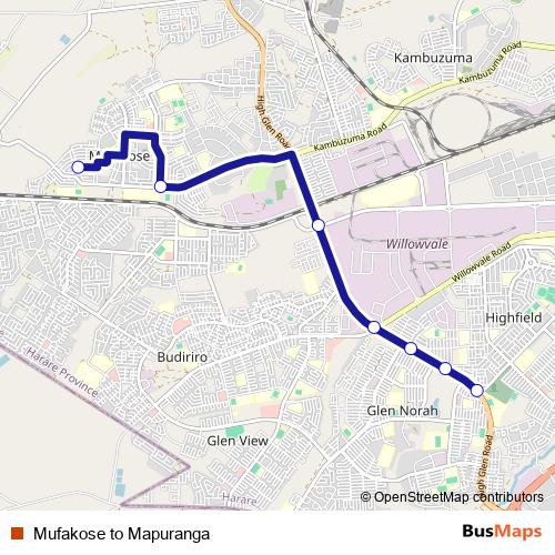 Mufakose to Mapuranga bus Line Map