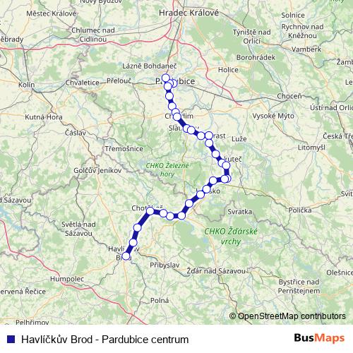 Havlíčkův Brod - Pardubice centrum rail Line Map