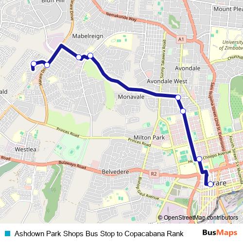 Ashdown Park Shops Bus Stop to Copacabana Rank bus Line Map