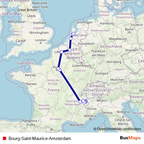 Bourg-Saint-Maurice-Amsterdam rail Line Map