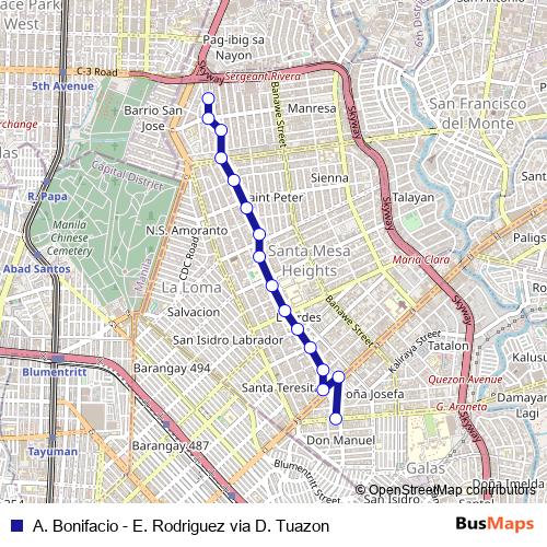 A. Bonifacio - E. Rodriguez via D. Tuazon bus Line Map