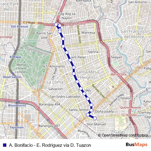 A. Bonifacio - E. Rodriguez via D. Tuazon bus Line Map
