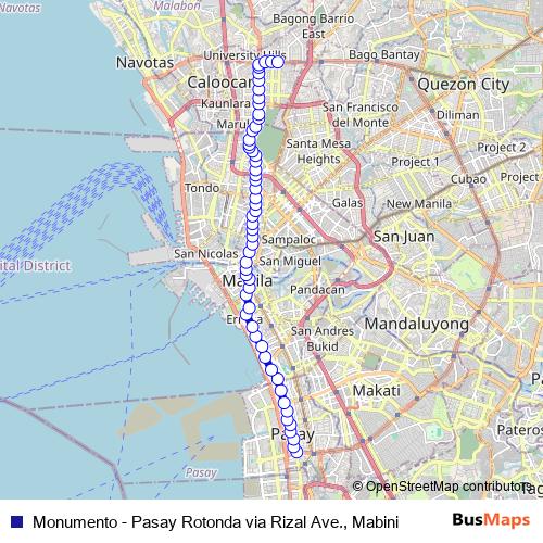 Monumento - Pasay Rotonda via Rizal Ave., Mabini bus Line Map