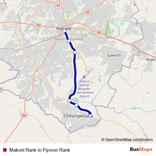Makoni Rank to Flyover Rank bus Line Map