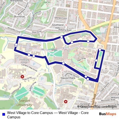 West Village to Core Campus bus Line Map