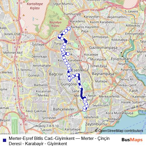 Merter-Eşref Bitlis Cad.-Giyimkent bus Line Map