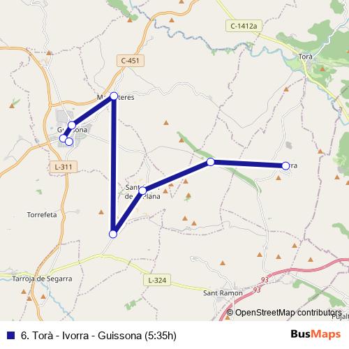 6. Torà - Ivorra - Guissona (5:35h) bus Line Map