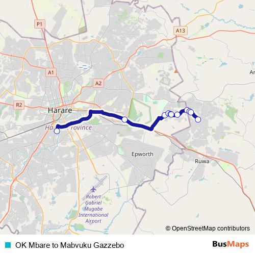 OK Mbare to Mabvuku Gazzebo bus Line Map