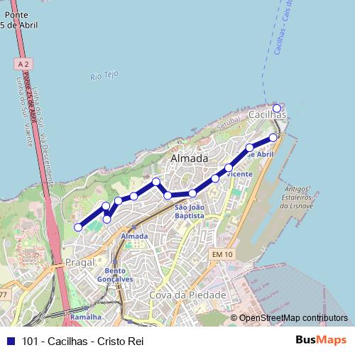 101 - Cacilhas - Cristo Rei bus Line Map