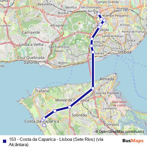 153 - Costa da Caparica - Lisboa (Sete Rios) (via Alcântara) bus Line Map