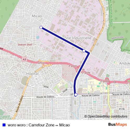 woro woro : Carrefour Zone ↔ Micao bus Line Map