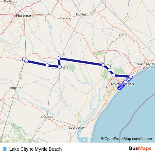 Lake City to Myrtle Beach bus Line Map
