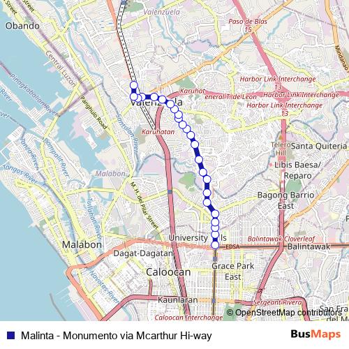 Malinta - Monumento via Mcarthur Hi-way bus Line Map