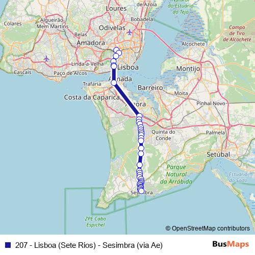 207 - Lisboa (Sete Rios) - Sesimbra (via Ae) bus Line Map
