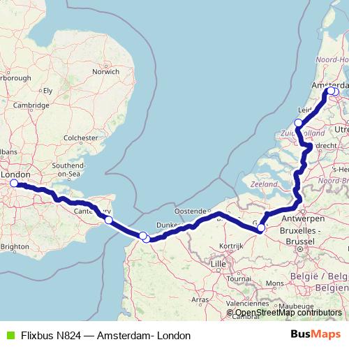 Flixbus N824 bus Line Map
