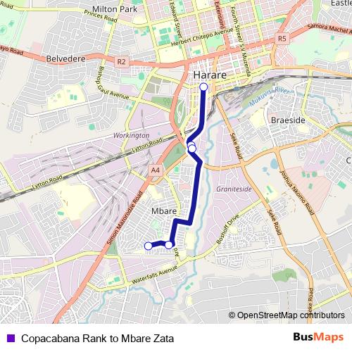 Copacabana Rank to Mbare Zata bus Line Map