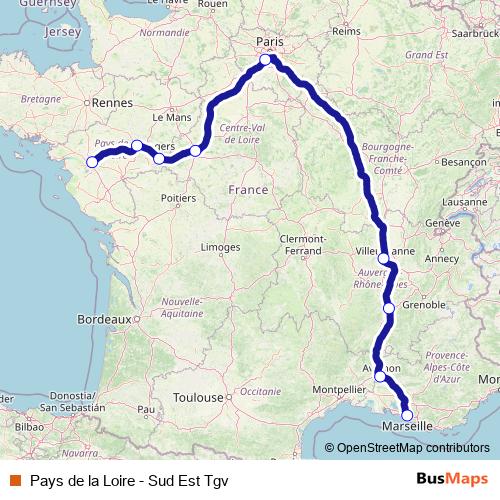 Pays de la Loire - Sud Est Tgv rail Line Map