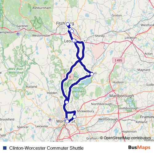 Clinton-Worcester Commuter Shuttle bus Line Map