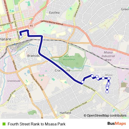 Fourth Street Rank to Msasa Park bus Line Map