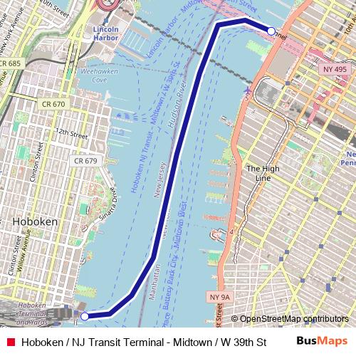 Hoboken / NJ Transit Terminal - Midtown / W 39th St ferry Line Map