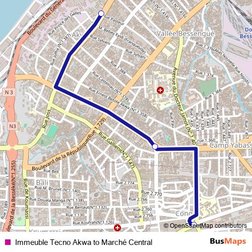 Immeuble Tecno Akwa to Marché Central bus Line Map