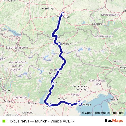 Flixbus N491 bus Line Map