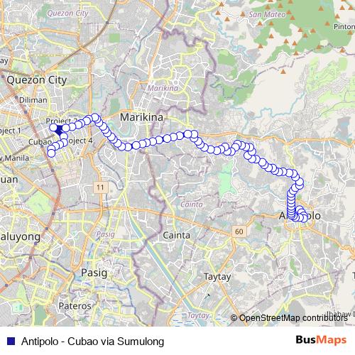 Antipolo - Cubao via Sumulong bus Line Map