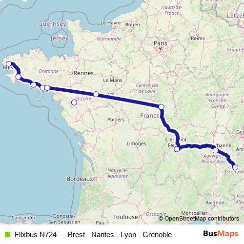 Flixbus N724 bus Line Map