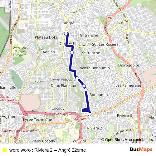 woro woro : Riviera 2 ↔ Angré 22ème bus Line Map