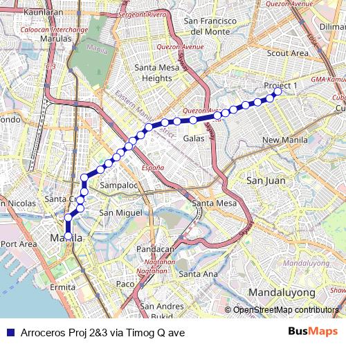 Arroceros Proj 2&3 via Timog Q ave bus Line Map