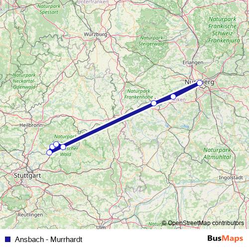 Ansbach - Murrhardt rail Line Map