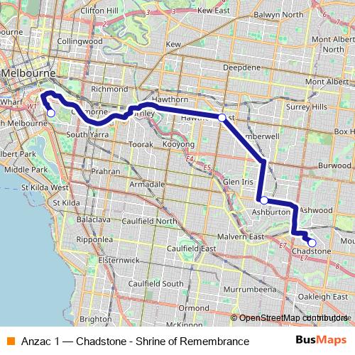 Anzac 1 bus Line Map