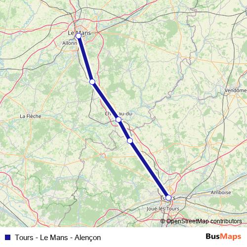 Tours - Le Mans - Alençon rail Line Map