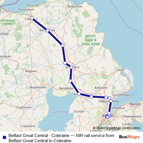 Belfast Great Central - Coleraine rail Line Map