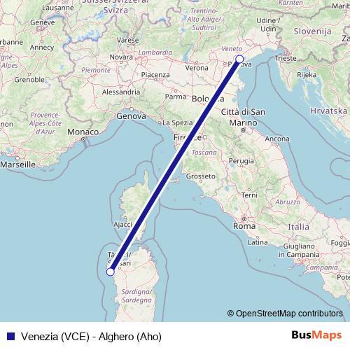 Venezia (VCE) - Alghero (Aho) air Line Map