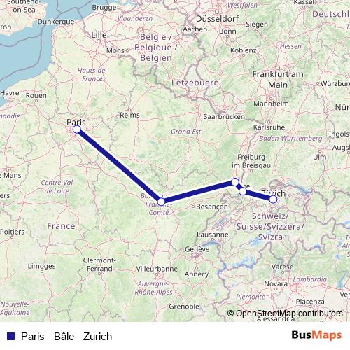 Paris - Bâle - Zurich rail Line Map