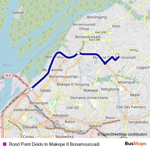 Rond Point Deido to Makepe II Bonamoussadi bus Line Map