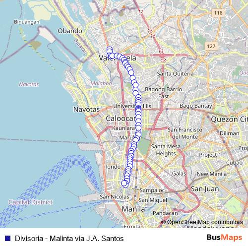 Divisoria - Malinta via J.A. Santos bus Line Map