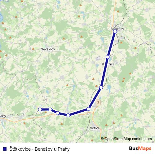 Štětkovice - Benešov u Prahy rail Line Map