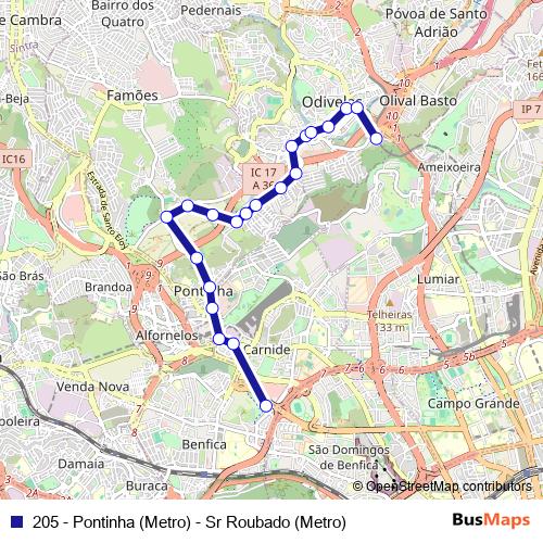 205 - Pontinha (Metro) - Sr Roubado (Metro) bus Line Map