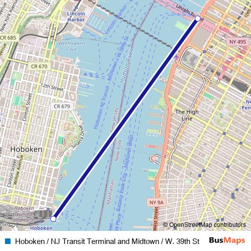 Hoboken / NJ Transit Terminal and Midtown / W. 39th St ferry Line Map