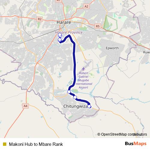 Makoni Hub to Mbare Rank bus Line Map