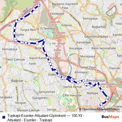 Topkapi-Esenler-Atişalani-Giyimkent bus Line Map