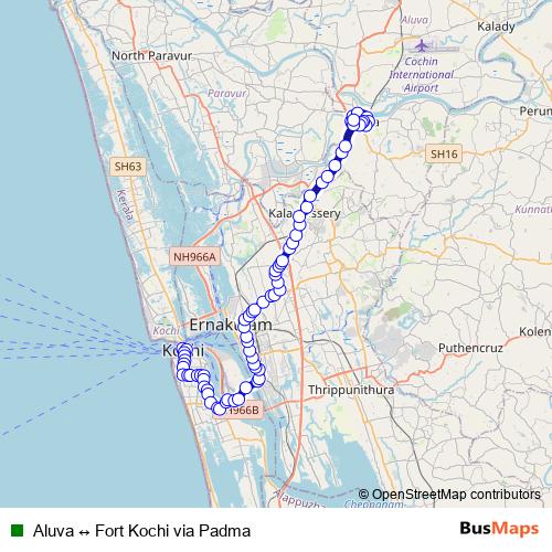 Aluva ↔ Fort Kochi via Padma bus Line Map