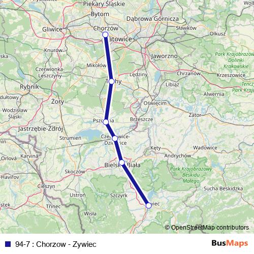 94-7 : Chorzow - Zywiec bus Line Map