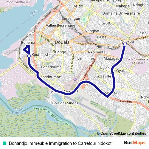 Bonandjo Immeuble Immigration to Carrefour Ndokoti bus Line Map
