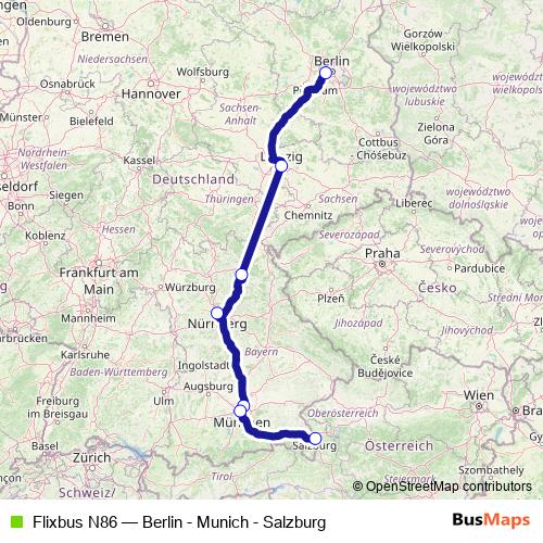 Flixbus N86 bus Line Map