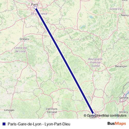 Paris-Gare-de-Lyon - Lyon-Part-Dieu rail Line Map