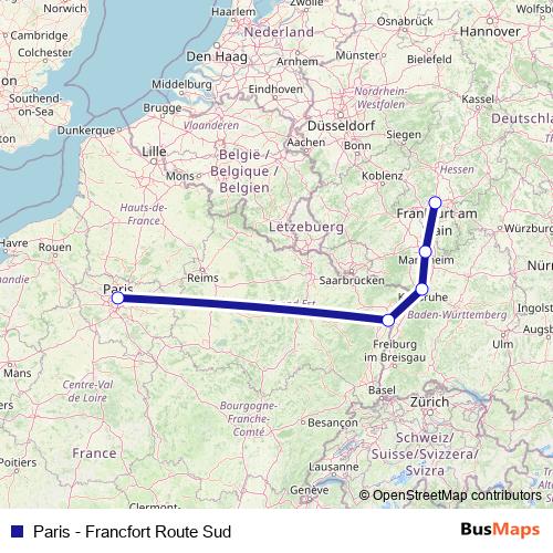 Paris - Francfort Route Sud rail Line Map