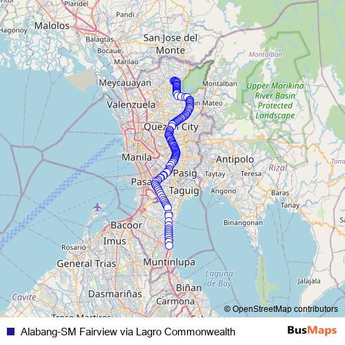 Alabang-SM Fairview via Lagro Commonwealth bus Line Map